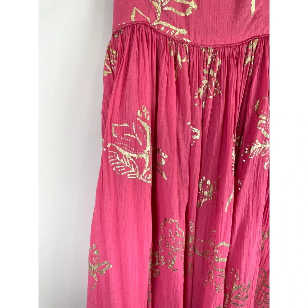 Free People Baja Babe Midi Dress M Hot Pink Gold Foil Strapless Boho OB1104493